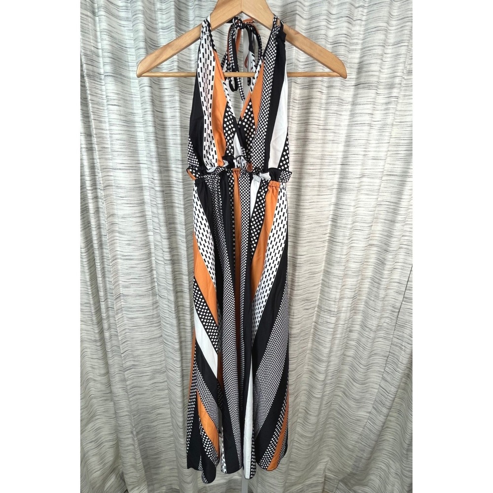 Seasty Halter Maxi Dress Black White Orange Geometric Polka Dot Backless Large